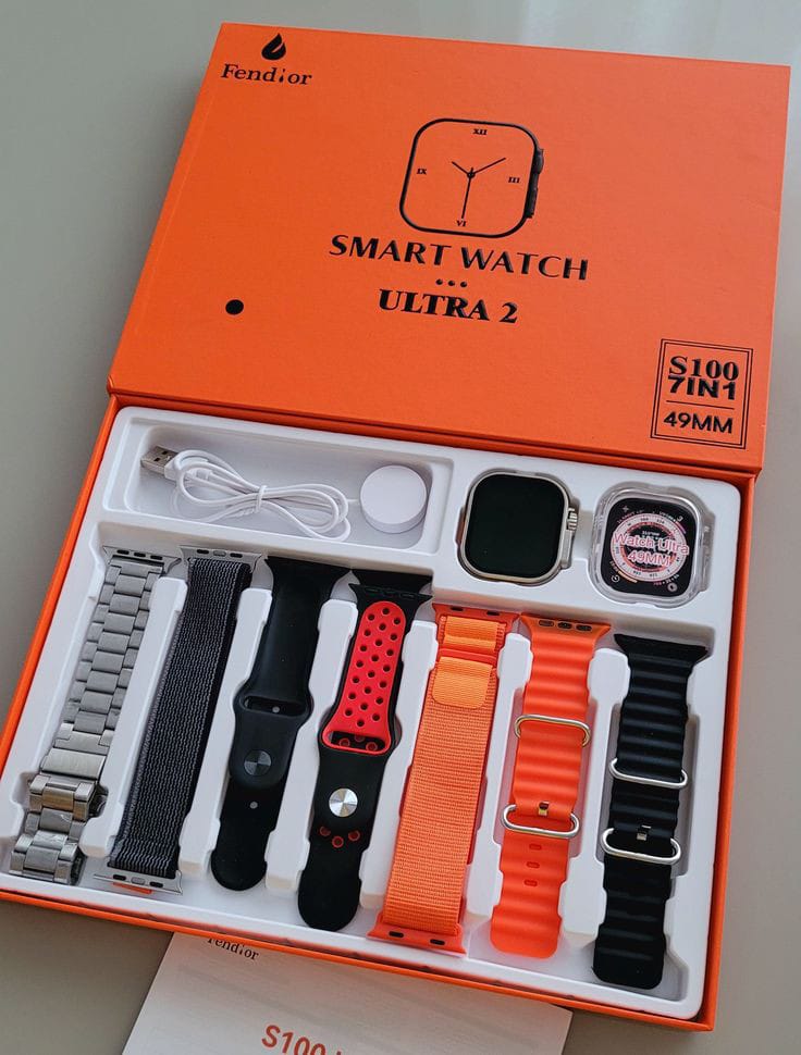 Ultra 7in1 Smartwatch With 7 Straps Box Gift | Wireless Charger Rolex Straps Ocean Straps Alpine Straps